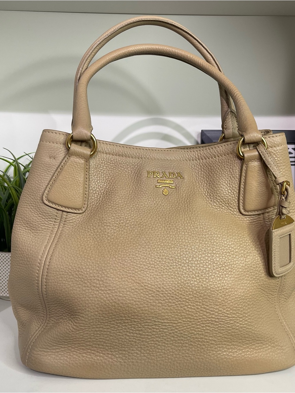 Prada Tan Pebbled Leather Hobo with Gold Hardware